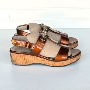 TARYN ROSE Size 8 Noel Golden Plates Cork Platform Sandal Mocha Patent Leather